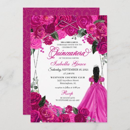 Elegant Fuchsia roze zilver flora quinceanera in Kaart (Voorkant / Achterkant)