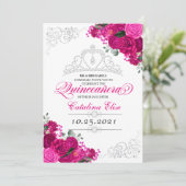 Elegant Fuchsia roze zilver flora quinceanera in Kaart (Staand voorkant)