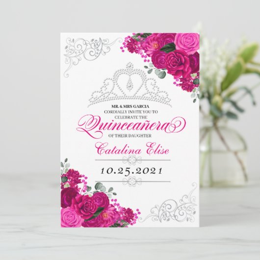 Elegant Fuchsia roze zilver flora quinceanera in Kaart (Staand voorkant)