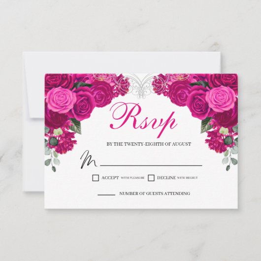 Elegant Fuchsia Silver Floral RSVP Enclosure Card (Voorkant)