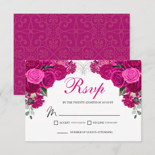 Elegant Fuchsia Silver Floral RSVP Enclosure Card Kaartje (Voorkant / Achterkant)