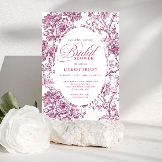 Elegant Fuchsia Toile Roses Bridal Shower Invite Kaart