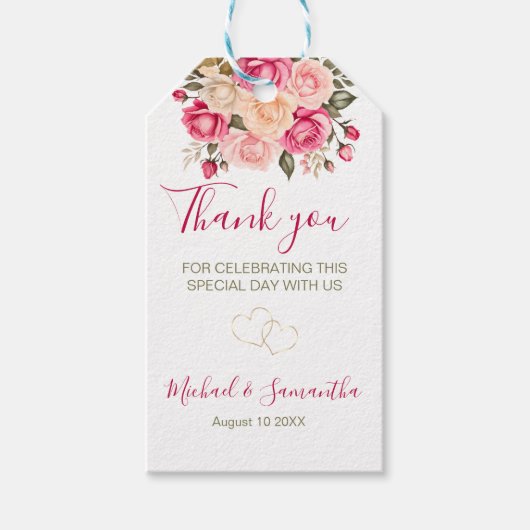 Elegant Fucia Roze en Ivoor Roos Bruiloft Cadeaulabel (Voorkant)