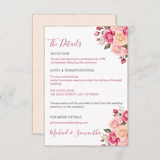 Elegant Fucia Roze en Ivoor Roos Bruiloft Informatiekaartje (Voorkant / Achterkant)