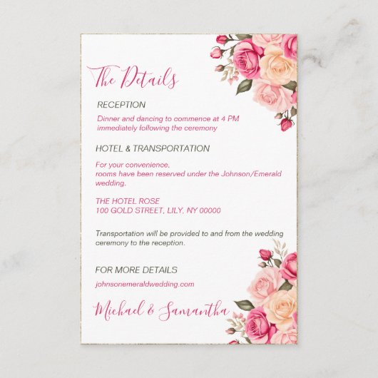 Elegant Fucia Roze en Ivoor Roos Bruiloft Informatiekaartje (Voorkant)