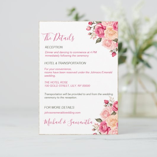 Elegant Fucia Roze en Ivoor Roos Bruiloft Informatiekaartje (Staand voorkant)