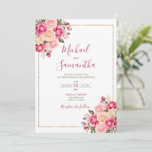 Elegant Fucia Roze en Ivoor Roos Bruiloft Kaart (Staand voorkant)