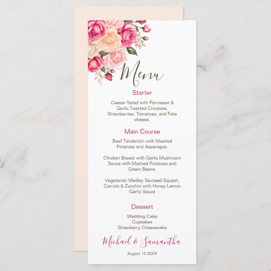 Elegant Fucia Roze en Ivoor Roos Bruiloft Menu (Voorkant / Achterkant)