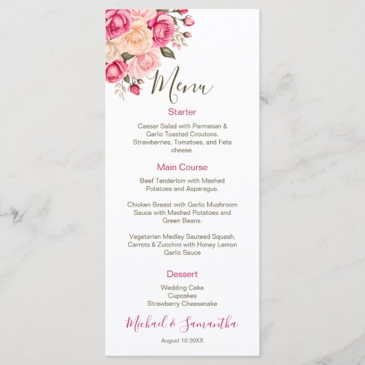 Elegant Fucia Roze en Ivoor Roos Bruiloft Menu (Voorkant)