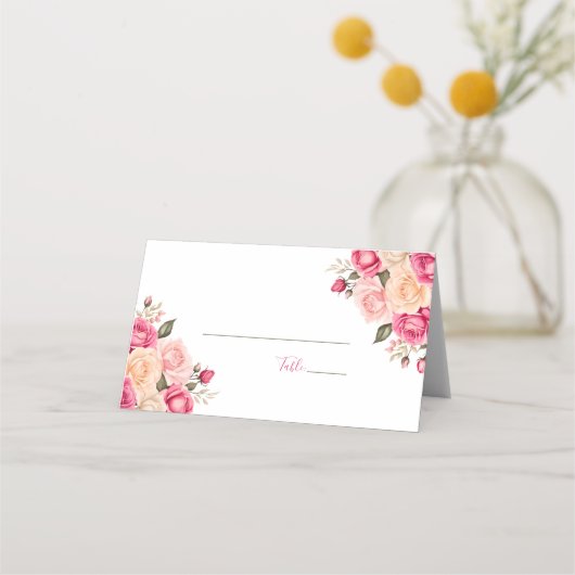 Elegant Fucia Roze en Ivoor Roos Bruiloft Plaatskaartje (Achterkant)