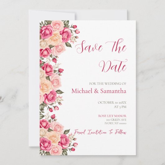 Elegant Fucia Roze en Ivoor Roos Bruiloft Save The Date (Voorkant)