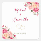 Elegant Fucia Roze en Ivoor Roos Bruiloft Vierkante Sticker (Voorkant)