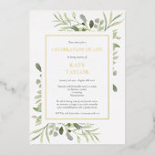 Elegant Funeral Celebration of Life Greenery Gold Folie Uitnodiging (Voorkant)