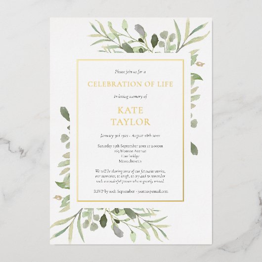Elegant Funeral Celebration of Life Greenery Gold Folie Uitnodiging (Voorkant)