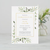 Elegant Funeral Celebration of Life Greenery Gold Folie Uitnodiging (Staand Voorkant)