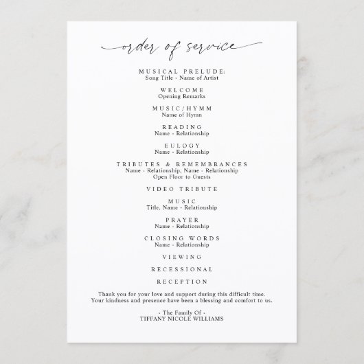 Elegant Funeral Celebration of Life Photo Script Programmakaart (Achterkant)