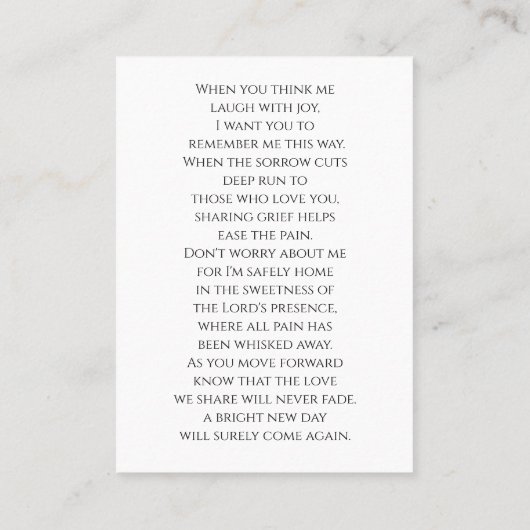 Elegant Funeral Memorial Foto Prayer Kaart Visitekaartje (Achterkant)