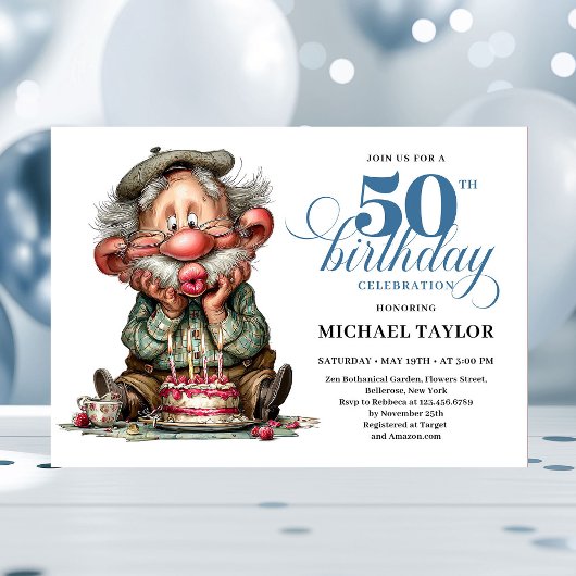Elegant Funny Man 50th Birthday Humor Cartoon Kaart