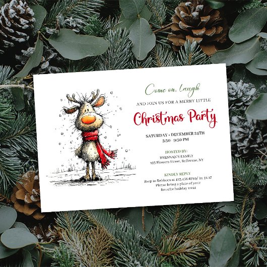 Elegant funny reindeer Christmas party invitation Kaart