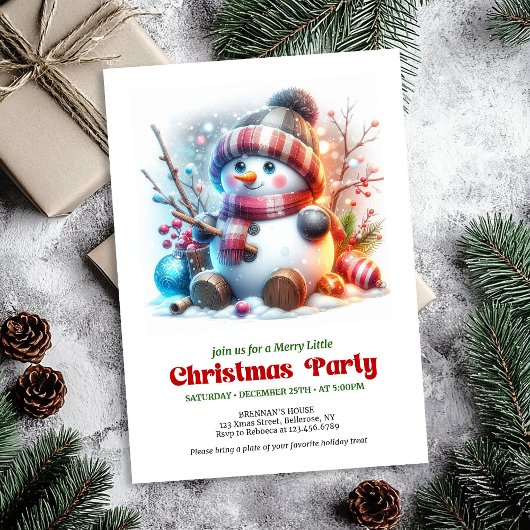 Elegant funny snowman holiday invite red green kaart