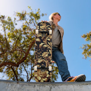 Elegant Fusion: Zwart en Gouden Bloemen Vlaams Persoonlijk Skateboard