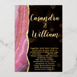 Elegant Galaxy Agate Geode Pink & Gold Wedding Folie Uitnodiging
