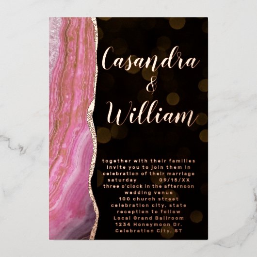 Elegant Galaxy Agate Geode Pink & Gold Wedding Folie Uitnodiging (Voorkant)