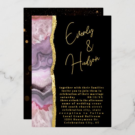 Elegant Galaxy Geode Pink & Gold Wedding Folie Uitnodiging (Voorkant / Achterkant)