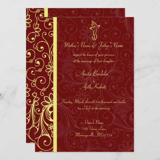 Elegant Ganapati Red & Gold Wedding Invitations Kaart (Voorkant / Achterkant)