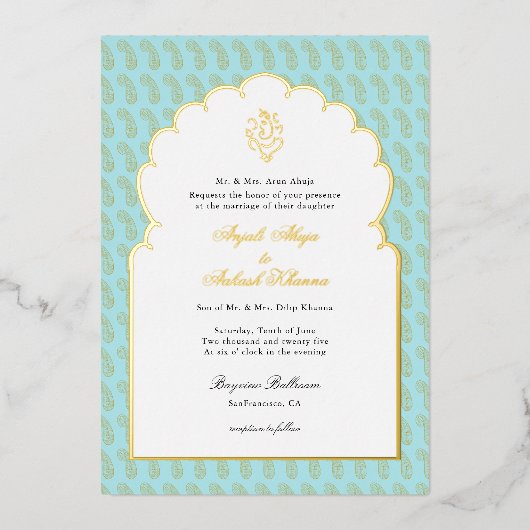 Elegant Ganesh Indische bruiloft Aqua en goud Folie Uitnodiging (Voorkant)