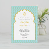 Elegant Ganesh Indische bruiloft Aqua en goud Folie Uitnodiging (Staand Voorkant)