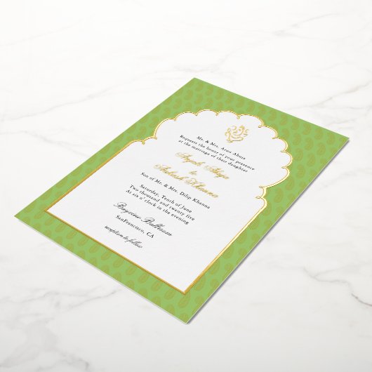 Elegant Ganesh Indische bruiloft Mint groen en gou Folie Uitnodiging (Gedraaid)