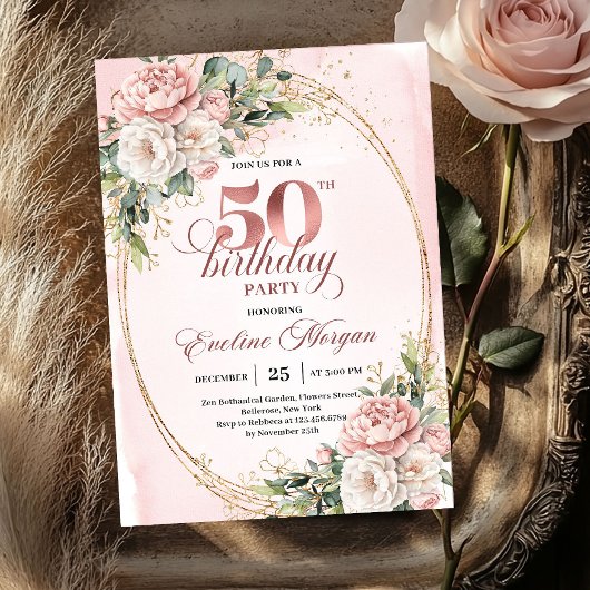 Elegant Garden Blush 50th Birthday Invitation Kaart
