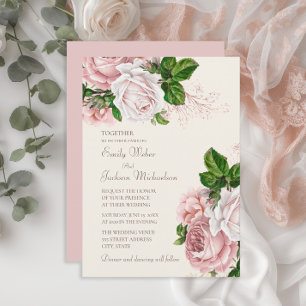 Elegant Garden Blush Pink Floral Cream Wedding Kaart