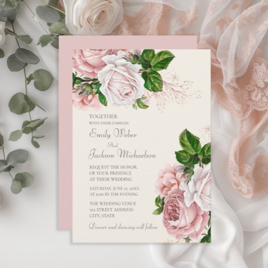 Elegant Garden Blush Pink Floral Cream Wedding Kaart