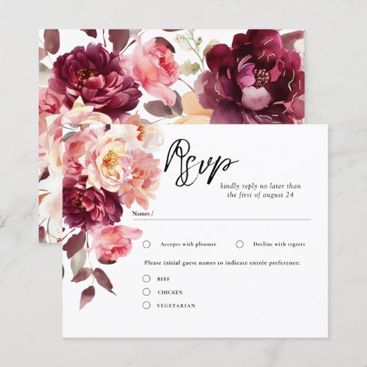 Elegant Garden Floral Burgundy Wedding RSVP Cards (Voorkant / Achterkant)