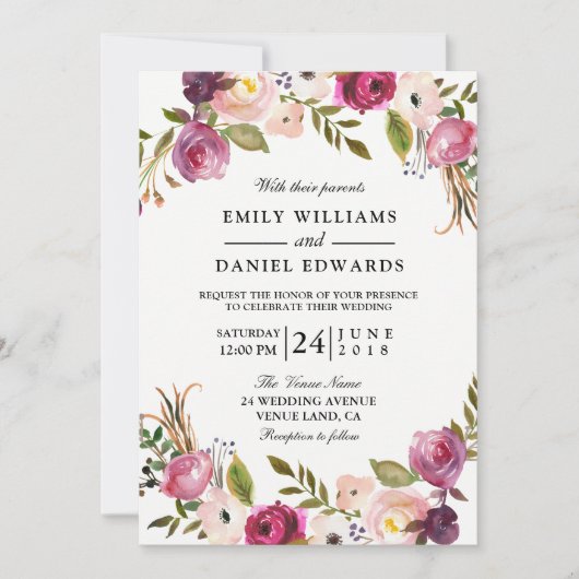 Elegant Garden Floral Wedding Invitation Kaart (Voorkant)