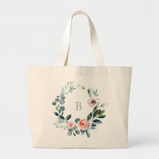 Elegant Garden Floral Wreator Monogram Grote Tote Bag (Voorkant)