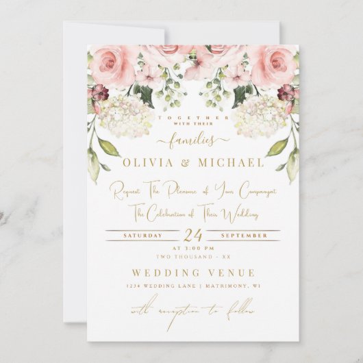 ELEGANT GARDEN FLORALS BLUSH ROOS GREENERY WEDDING KAART (Voorkant)