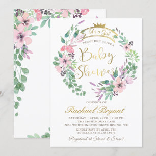 Elegant Garden Flowers Gold Crown Girl Baby shower Kaart