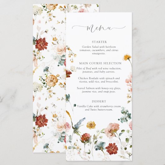 Elegant Garden Flowers Watercolor Bridal Shower Menu (Voorkant / Achterkant)