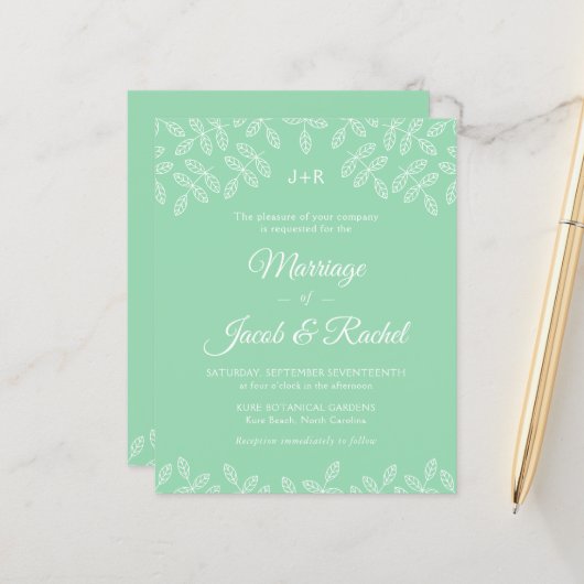 Elegant Garden Leaves Mint GreenWedding Invitation (Voorkant / Achterkant in situ)