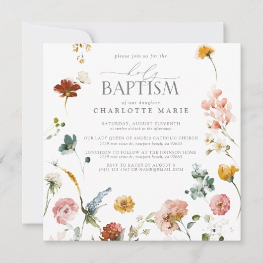 Elegant Garden Waterverf Floral Girl Baptism Invi Kaart (Voorkant)