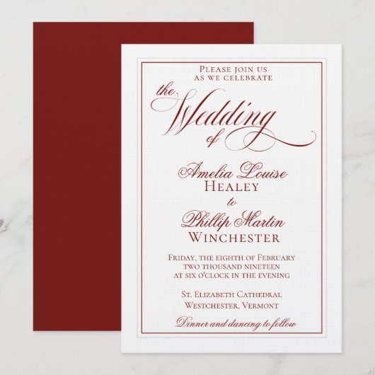 Elegant Garnet Red en White Wedding Invitation Kaart (Voorkant / Achterkant)