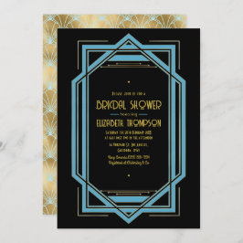 Elegant Gatsby Art Deco Blue & Gold Bridal Shower Kaart