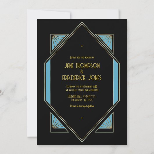 Elegant Gatsby Art Deco Blue & Gold Wedding Photo Kaart (Voorkant)