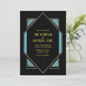 Elegant Gatsby Art Deco Blue & Gold Wedding Photo Kaart (Staand voorkant)