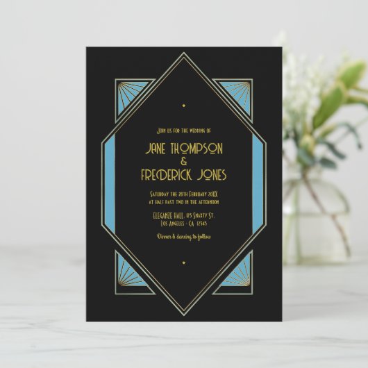 Elegant Gatsby Art Deco Blue & Gold Wedding Photo Kaart (Staand voorkant)
