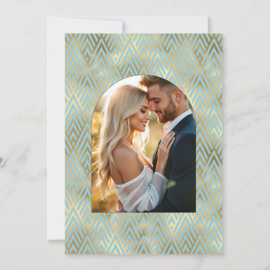 Elegant Gatsby Art Deco Blue & Gold Wedding Photo Kaart (Achterkant)