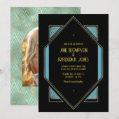 Elegant Gatsby Art Deco Blue & Gold Wedding Photo Kaart (Voorkant / Achterkant)